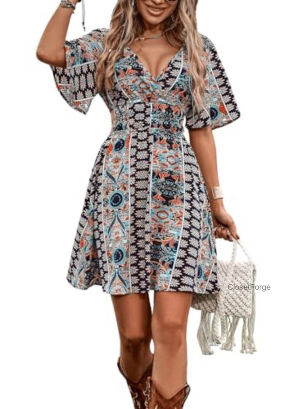 Western Boho Mini Dress A-Line V-Neck Short Sleeve Tie Back